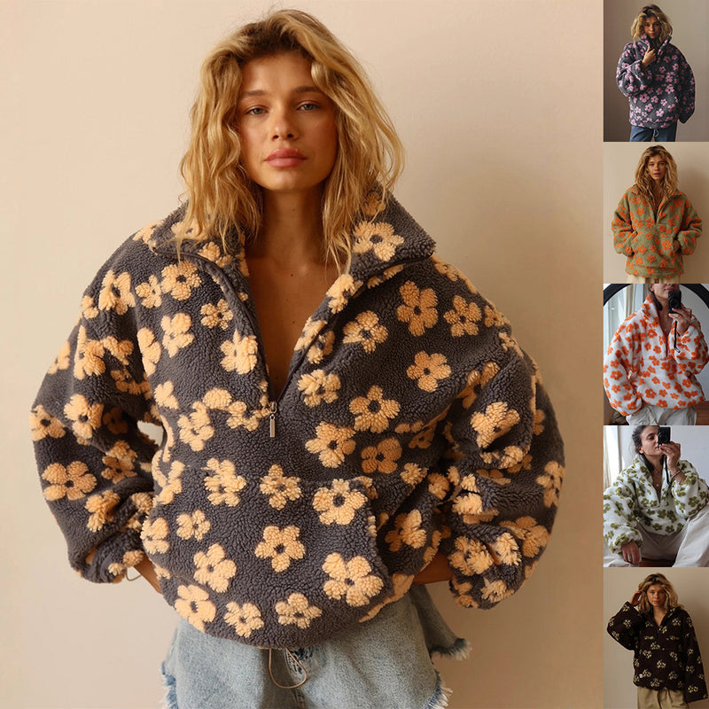 Winter Flowers Lambskin Sweatshirt With Big Pocket Casual Loose Zip-up Lapel Pullover Top Women's Clothing